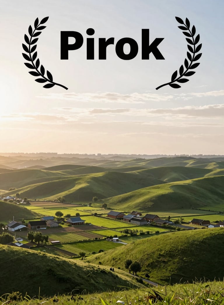A wide shot of rural Pirok at sunrise, showing rolling green hills and traditional farms meeting a modern, clean horizon under a cloud white sky.