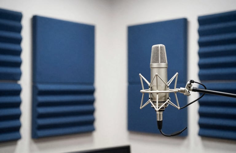 A professional digital media studio with tech steel blue acoustic panels and high-end microphones, clean and bright.