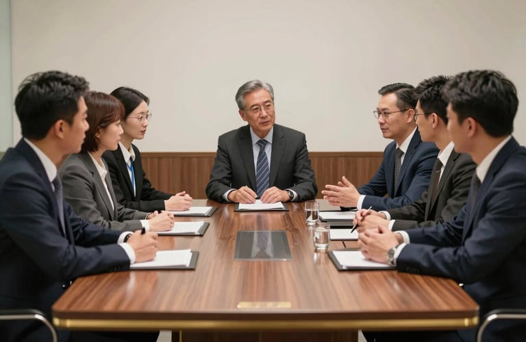 A group of professionals in tailored suits in an International / Global boardroom, discussing strategy over a clean mahogany table with gold accents.