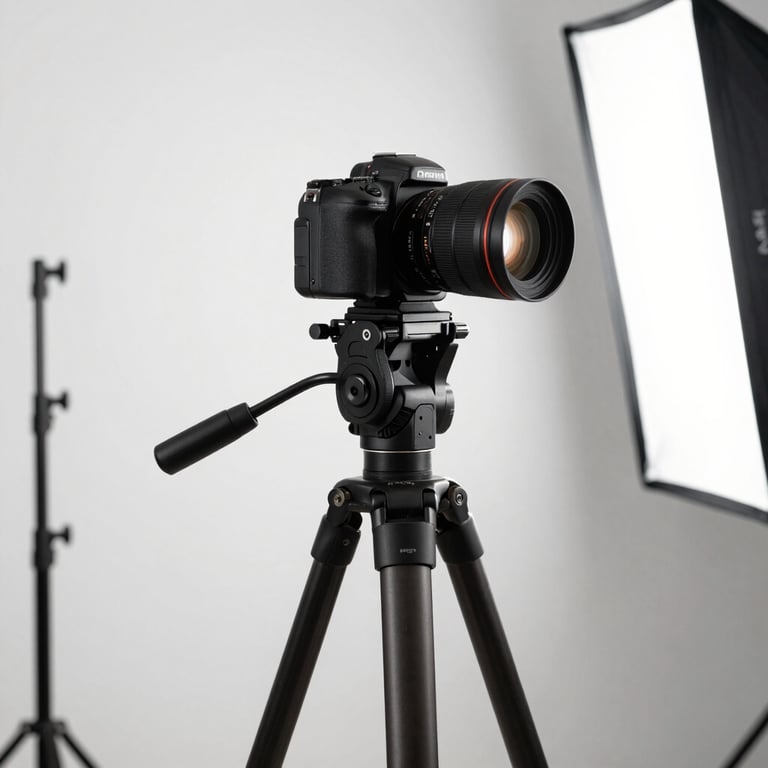 A professional digital camera on a tripod positioned in front of a clean white wall in a North American studio, softbox lighting visible on the side.