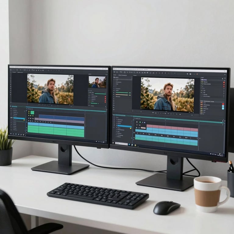 A bright workspace showing two computer monitors displaying high-resolution video content being edited, with a coffee mug and clean desk setup.