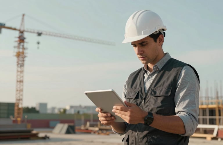 A professional engineer in a dark charcoal vest and white hard hat reviewing a digital tablet on a clean construction site under a soft sage sky.