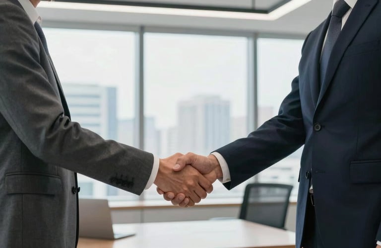 A wide photography shot of a professional handshake between two business partners in a bright, modern office with city views, North American / International Business attire.