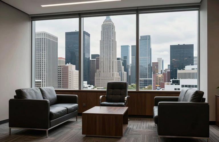 A sharp, clear photograph of an executive office with modern furniture and a large window overlooking a professional skyline, North American / International Business style.