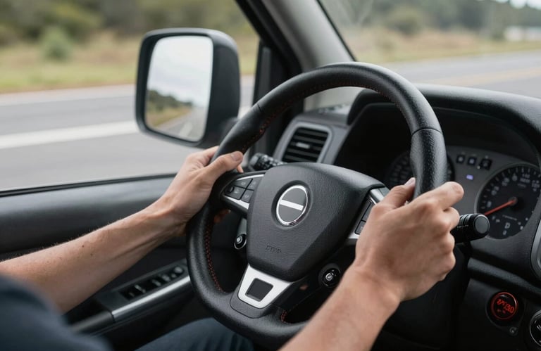 Hands of a professional driver on a steering wheel, focusing on the road ahead, conveying responsibility and safety in transport.