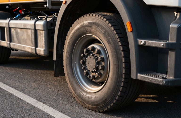 Close-up of a truck wheel and chassis on a clean asphalt road, reflecting sunlight, showing industrial strength and reliability.