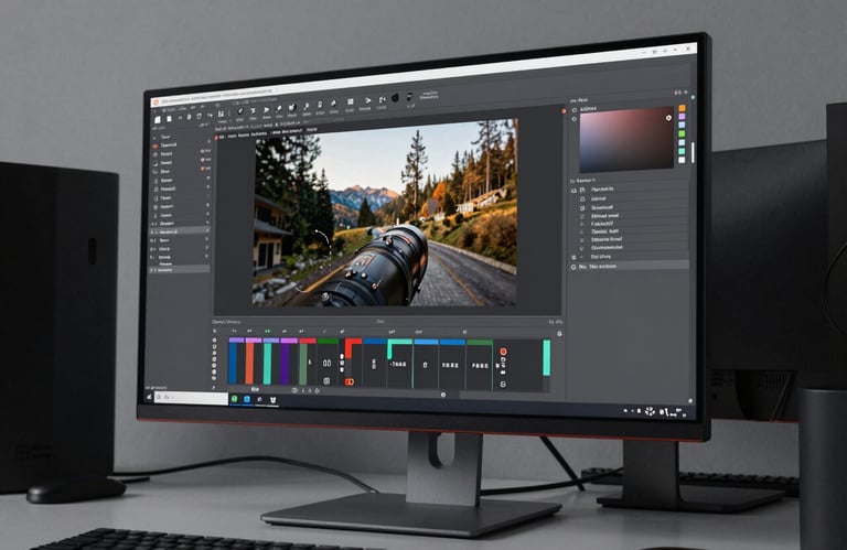 A close-up of a modern workstation with a high-resolution monitor displaying creative design work. The studio is a professional North American creative agency with cloud gray lighting.
