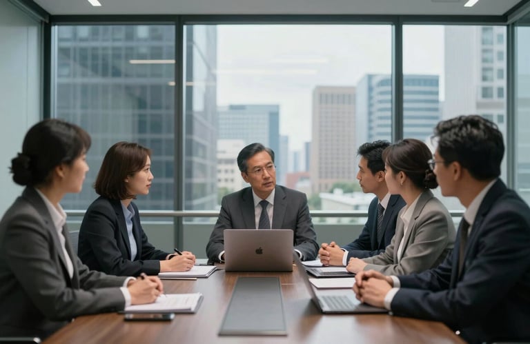 A professional meeting in a glass-walled conference room in a US business district. Professionals are engaged in a strategic discussion. The mood is sophisticated and focused with cloud gray colors.
