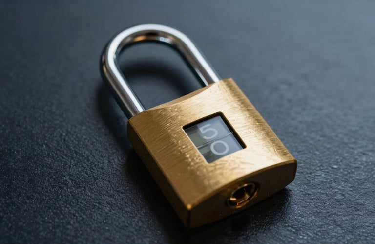 Close-up of a secure gold digital lock on a dark navy brushed metal surface, sharp cinematic lighting, conveying trust and high-end security.