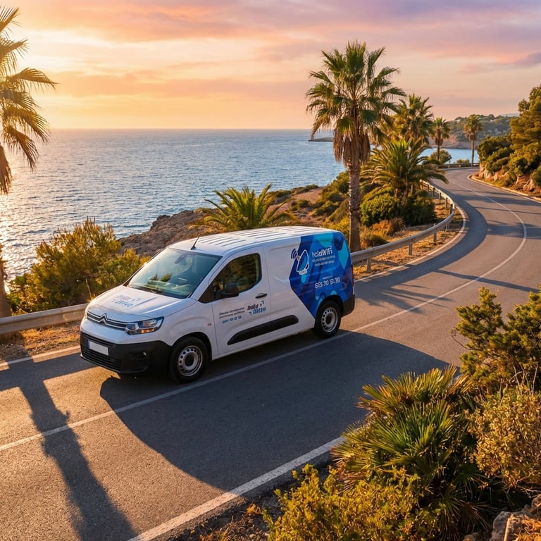 A white Citroen service holawifi van driving along a scenic coastal road with palm trees at sunset.