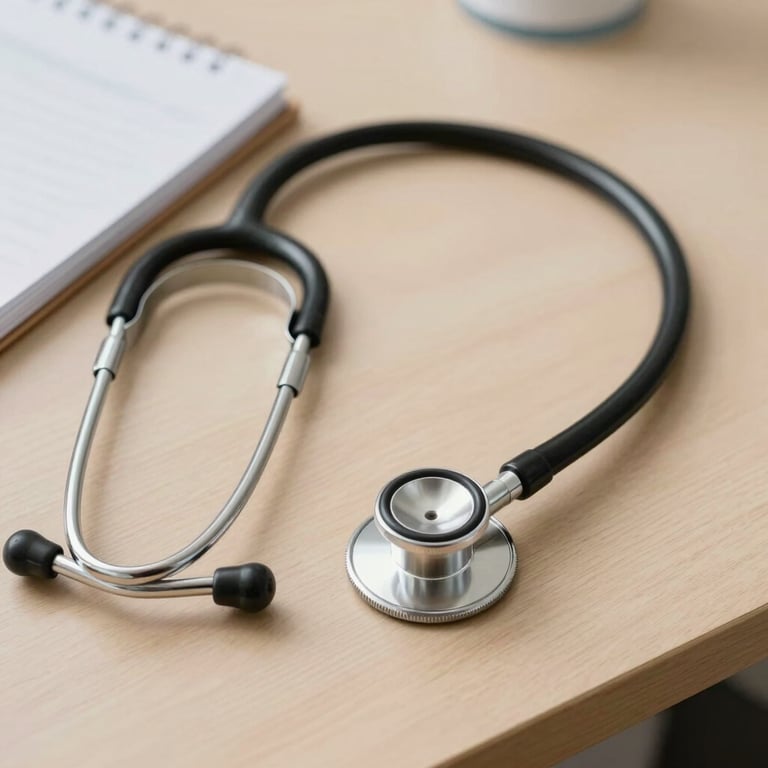 A professional stethoscope lying on a clean, light wood desk next to a notebook. Professional medical still life, soft lighting, South American clinic style.