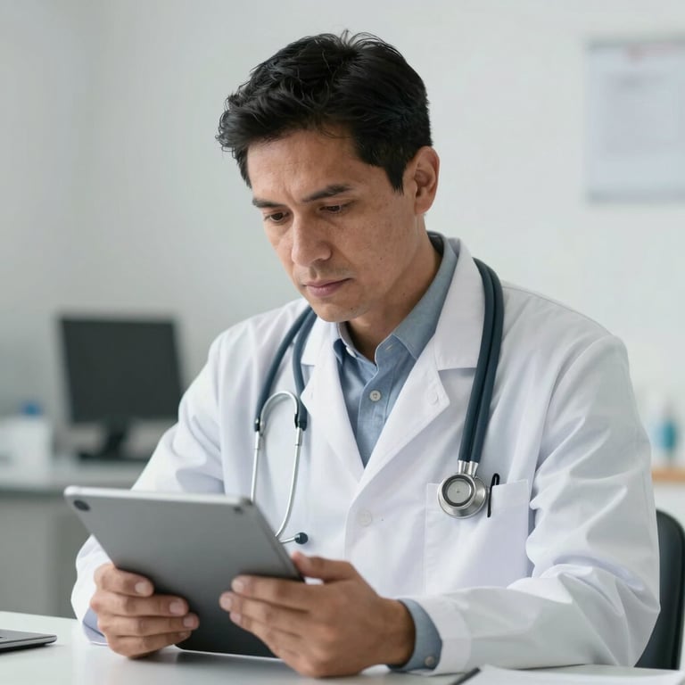 A South American male doctor in a white coat, looking focused and compassionate, using a tablet for patient records in a bright clinic.