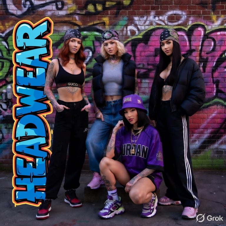 Four women modeling urban street style fashion with bandanas and bucket hats against a graffiti wall.