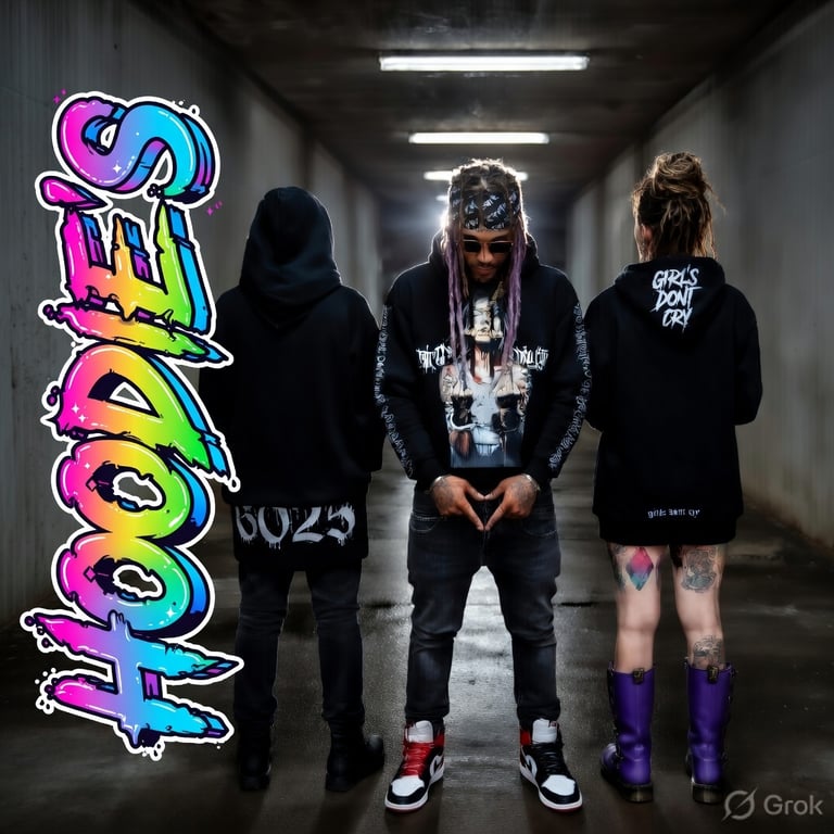 Three people in a PERTH UNDERPASS wearing stylish black streetwear hoodies with graphic designs.