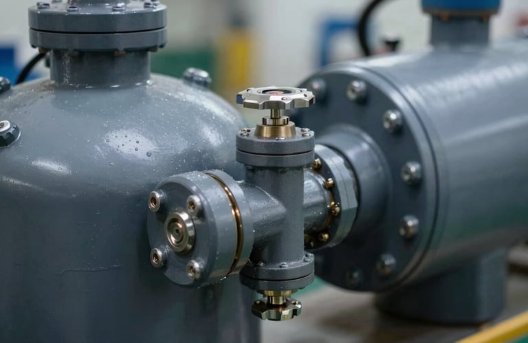 A close-up of a specialized chemical transport container showing secure valve connections, sharp focus, industrial dark grey and blue tones.