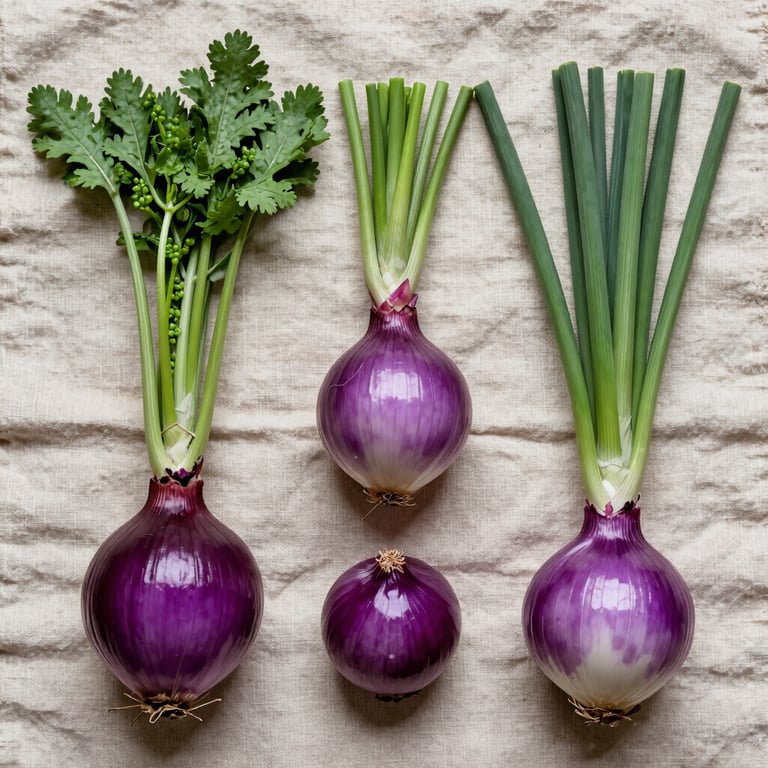 A flat lay photography of fresh South American vegetables including purple onions and herbs on a cream-colored linen cloth, natural lighting.
