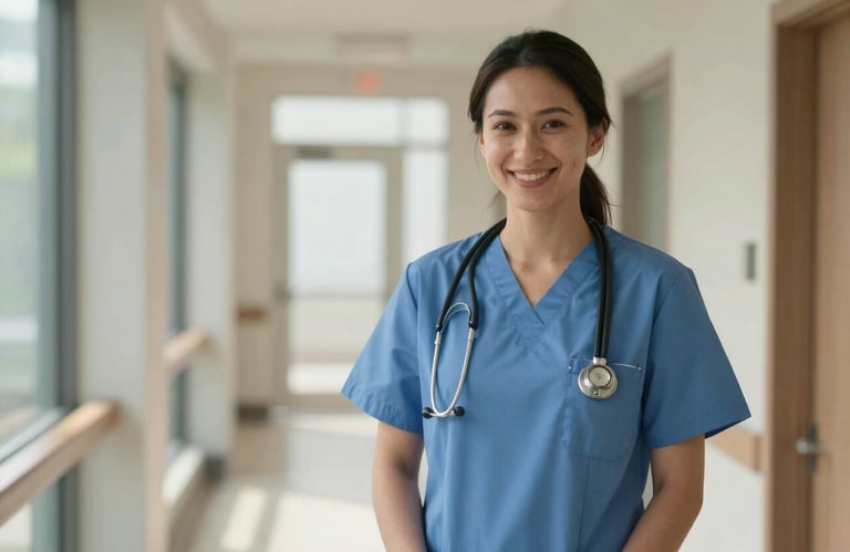 A portrait of a smiling caregiver in professional North American medical attire, standing in a sun-drenched, mist-colored hallway, projecting trust and confidence.