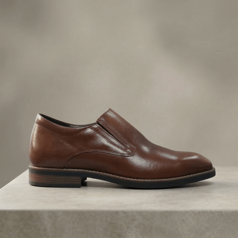 Zapato de vestir de cuero marrón, sin cordones (tipo slip-on) y con una suela fina y elegante