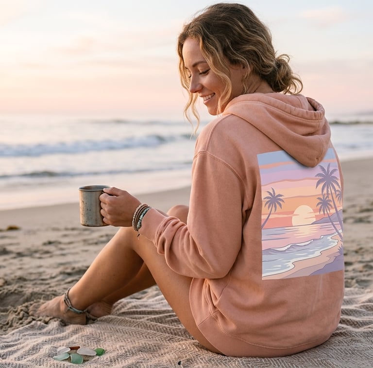 Sudadera con capucha color rosa salmón con ilustración de atardecer playero y palmeras en la espalda