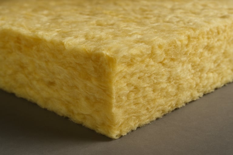 Close-up of high-quality glasswool thermal insulation material, showing detailed texture and density. Clean studio lighting, professional focus on product quality.