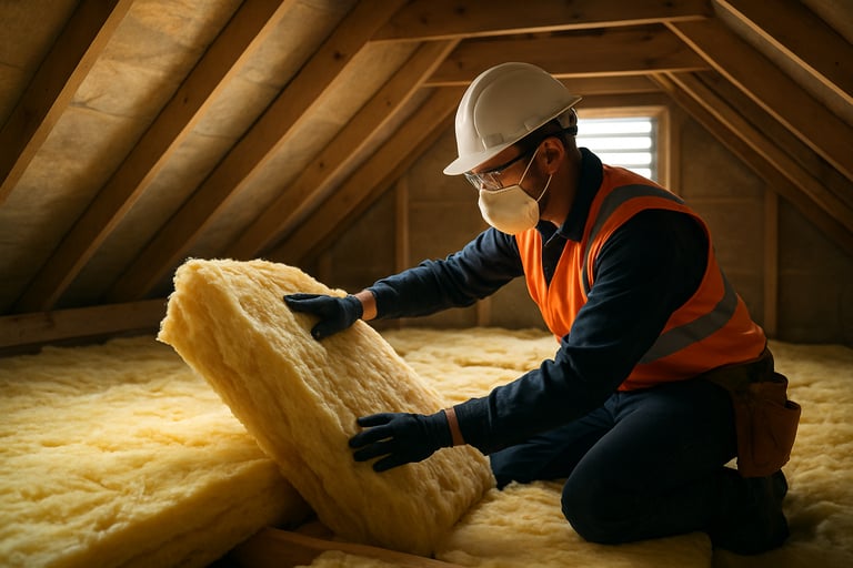 A professional installer wearing safety gear installing glasswool insulation in a bright attic space of an Oceanic residential property. Natural light through a vent.