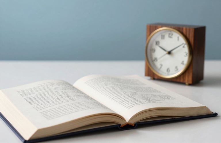 A soft-focus photograph of a clean, bright study area with an open book and a small wooden clock. Muted sky blue accents and soft charcoal shadows.