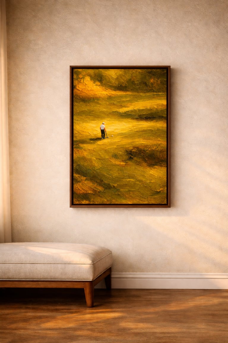 Framed impasto golf painting of a lone golfer in a golden landscape, textured palette knife strokes 