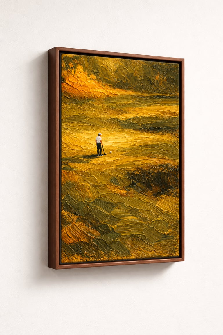 Luxury impasto golf painting featuring a solitary golfer at golden hour, rich textured landscape in 