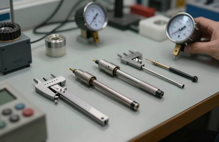 A close-up of high-precision calibration tools and electrical measurement devices resting on a professional workbench in a European / French workshop, soft lighting.