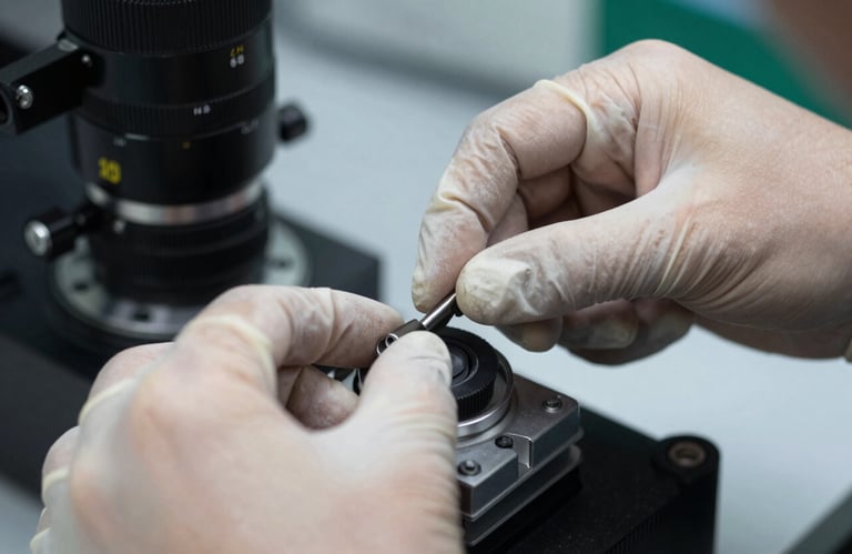 A close-up of a technician's hands in protective gear precisely adjusting a technical component, emphasizing precision and professionalism.