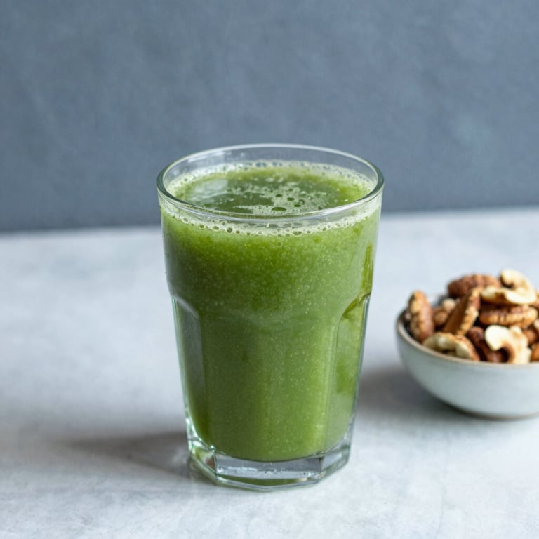 Close-up of a glass of fresh green juice and a small bowl of nuts on a white surface, soft natural lighting, South American setting, slate blue and soft green tones.
