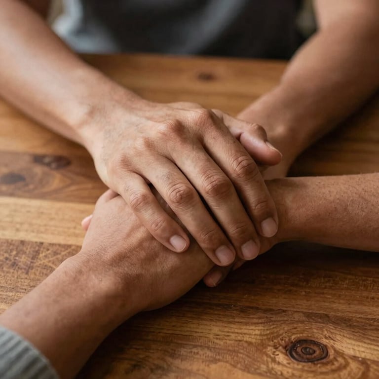Close-up of two people's hands held together in a gesture of support over a wooden table, soft natural lighting, conveying empathy and trust, South American context.