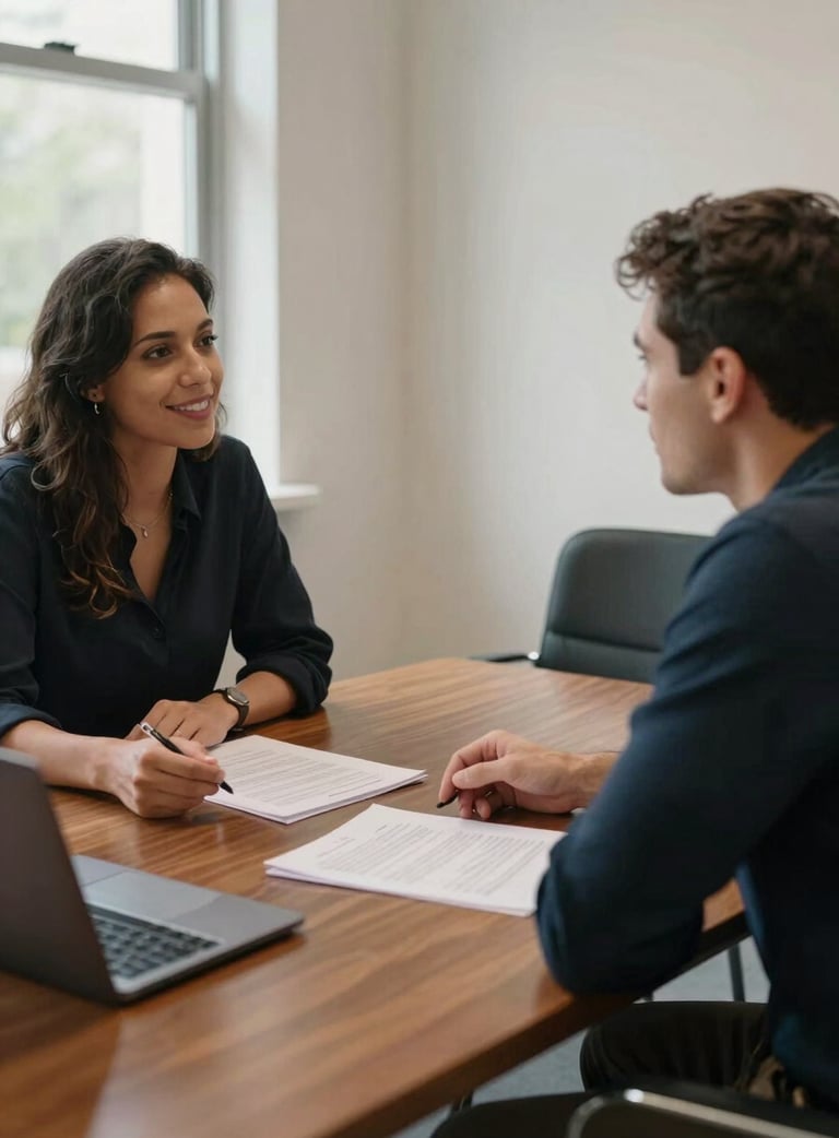 Two people from different cultural backgrounds seated across a boardroom table, natural window light from the left, hands visible on the table surface, documents between them, mid-conversation, no smiling posed expressions