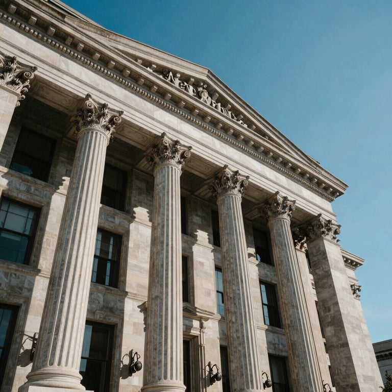 An architectural low-angle shot of a classic North American courthouse exterior with stone pillars and a clear blue sky, emphasizing authority and stability.