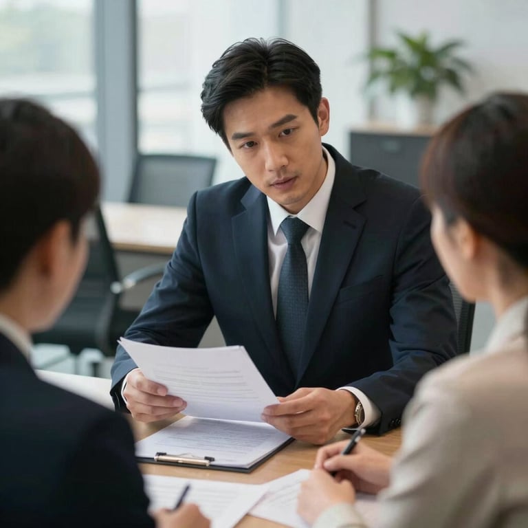 A professional attorney reviewing documents with a client in a modern North American office, focusing on collaboration and clear communication.