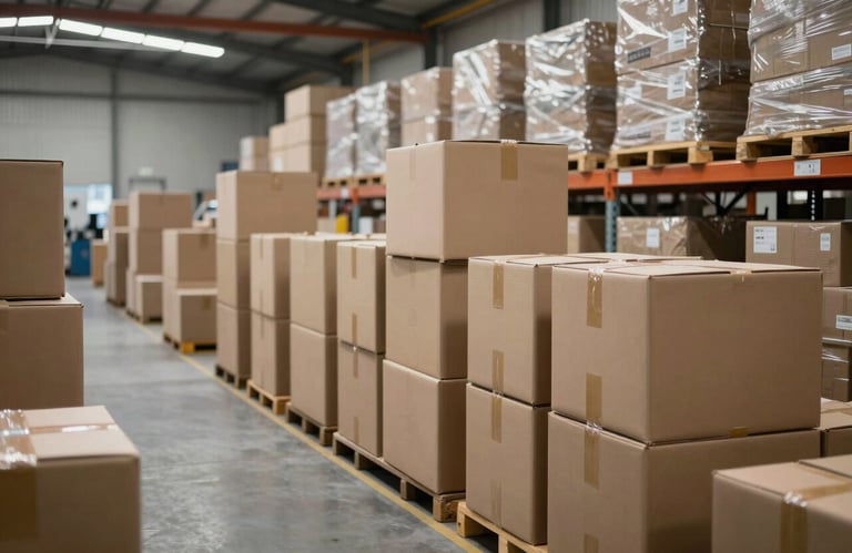 The interior of a clean, organized, and high-tech warehouse in Haryana, India, with rows of stacked shipping boxes.