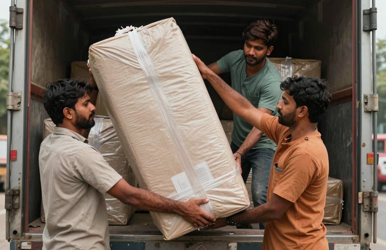 South Asian logistical workers in Haryana carefully loading large packages into a transport truck with focus and care.