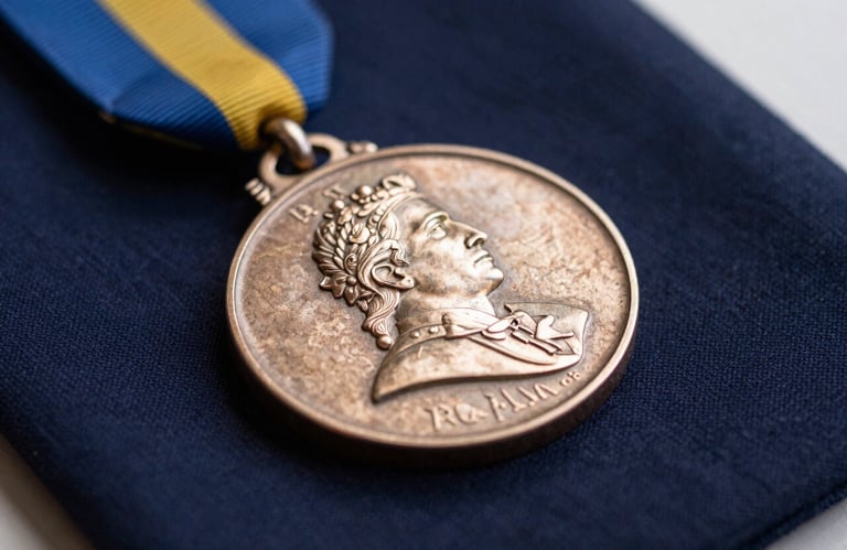Close-up of a historical medal of the Brazilian Army resting on a dark navy blue cloth. Elegant lighting, sharp focus on the metallic details, reflecting institutional tradition.