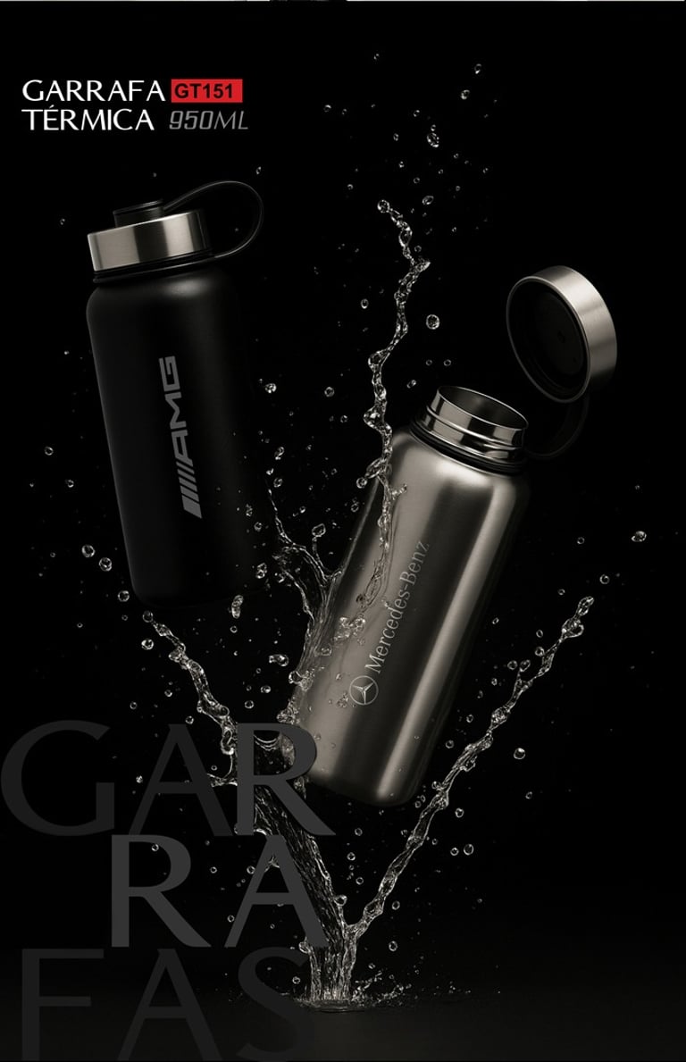 Garrafas térmicas  pretas e prateadas, com respingos de água sobre fundo 