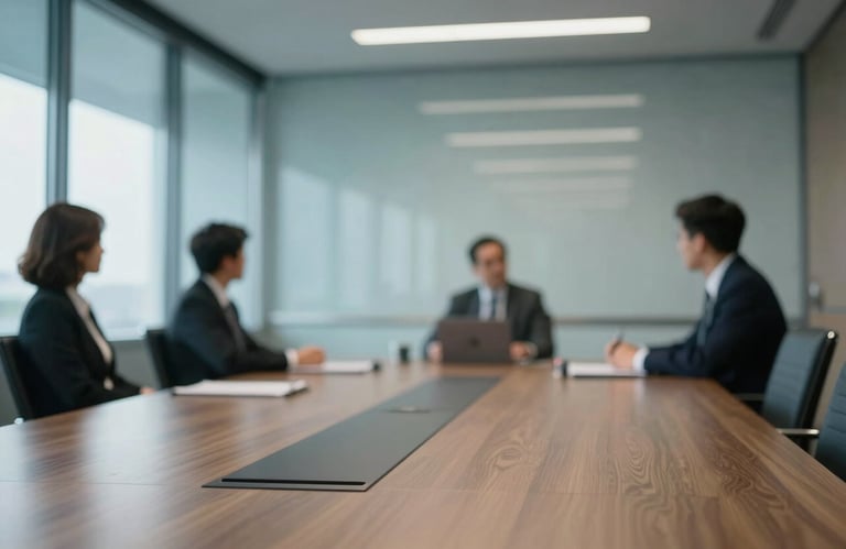 An out-of-focus background of a sophisticated North American conference room with glass walls, reflecting soft blue tones and professionalism.