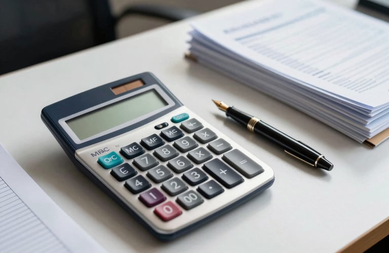 Still life of professional financial tools: a modern calculator, a fountain pen, and organized files on a desk in a South American / Brazilian office. Natural lighting, Sea Blue accents.