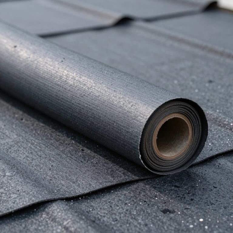 Macro photography of commercial grade roofing materials, displaying the industrial texture and strength of dark gray weatherproof membranes.