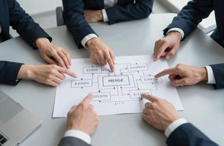 A top-down view of a professional meeting in a minimalist office. Hands are pointing at a flow chart on a large table. The palette is dominated by light grey and dark navy, conveying strategic thinking and professionalism.