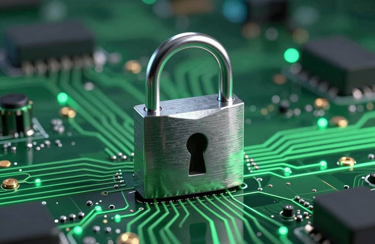 A high-quality photo of a secure encrypted server icon metaphorically represented by a physical metal padlock on a futuristic digital circuit board with persian green lighting.