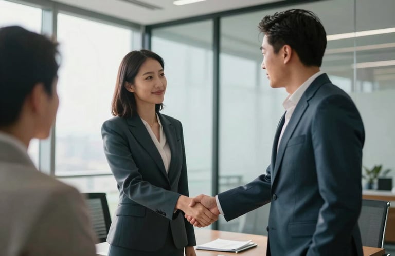 A professional female executive in a charcoal teal suit shaking hands with a client in a sunlit, modern boardroom with glass walls.