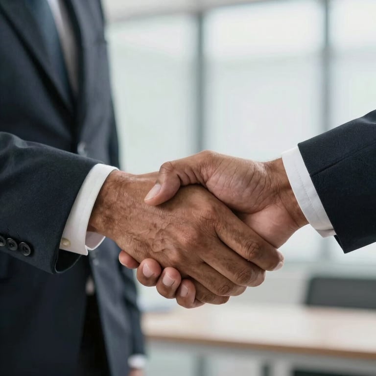 A close-up of a handshake between two professionals in an Indian business setting, symbolizing trust and partnership, soft natural lighting.