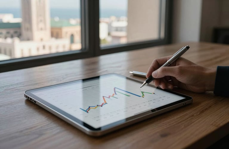 A professional desk setup featuring a digital tablet showing sales growth data, a sleek silver pen, and a view of Casablanca's modern architecture through the window.