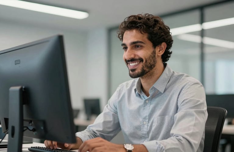 A professional North African business person in a modern office setting, smiling confidently while looking at a screen, clean corporate lighting.