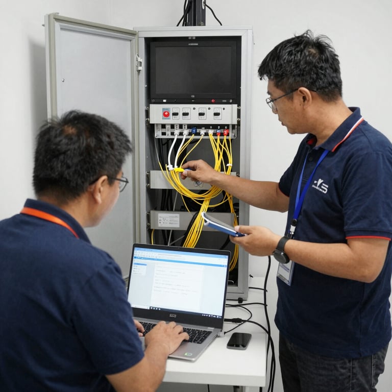 A friendly technician setting up a high-speed internet router in a modern home office.