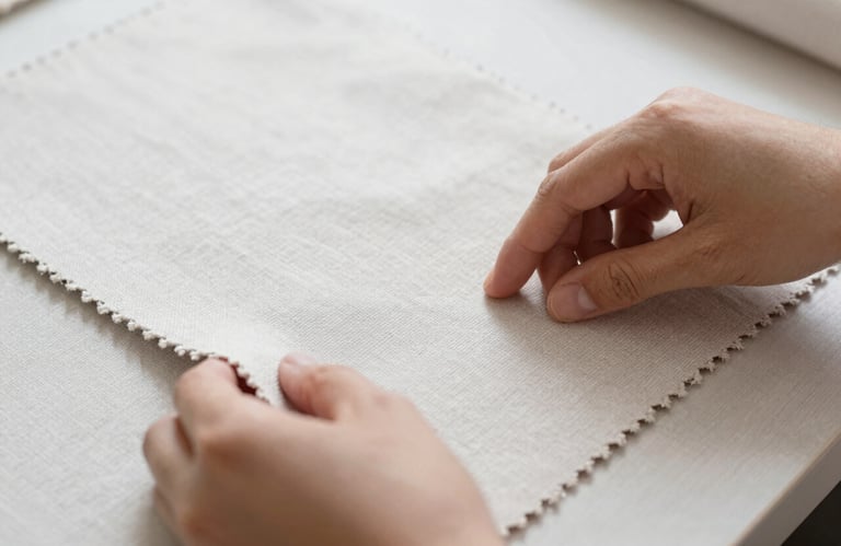 A close-up of an artisan's hands carefully feeling the quality of a textile sample, suggesting a heritage of craftsmanship and legacy in #F7F7F2 light tones.